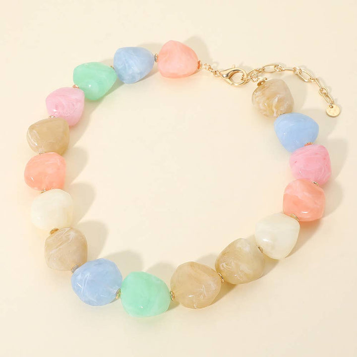 Sensibling Corp. - Chunky Marbled Resin Pebble Beaded Statement Necklace: Pink