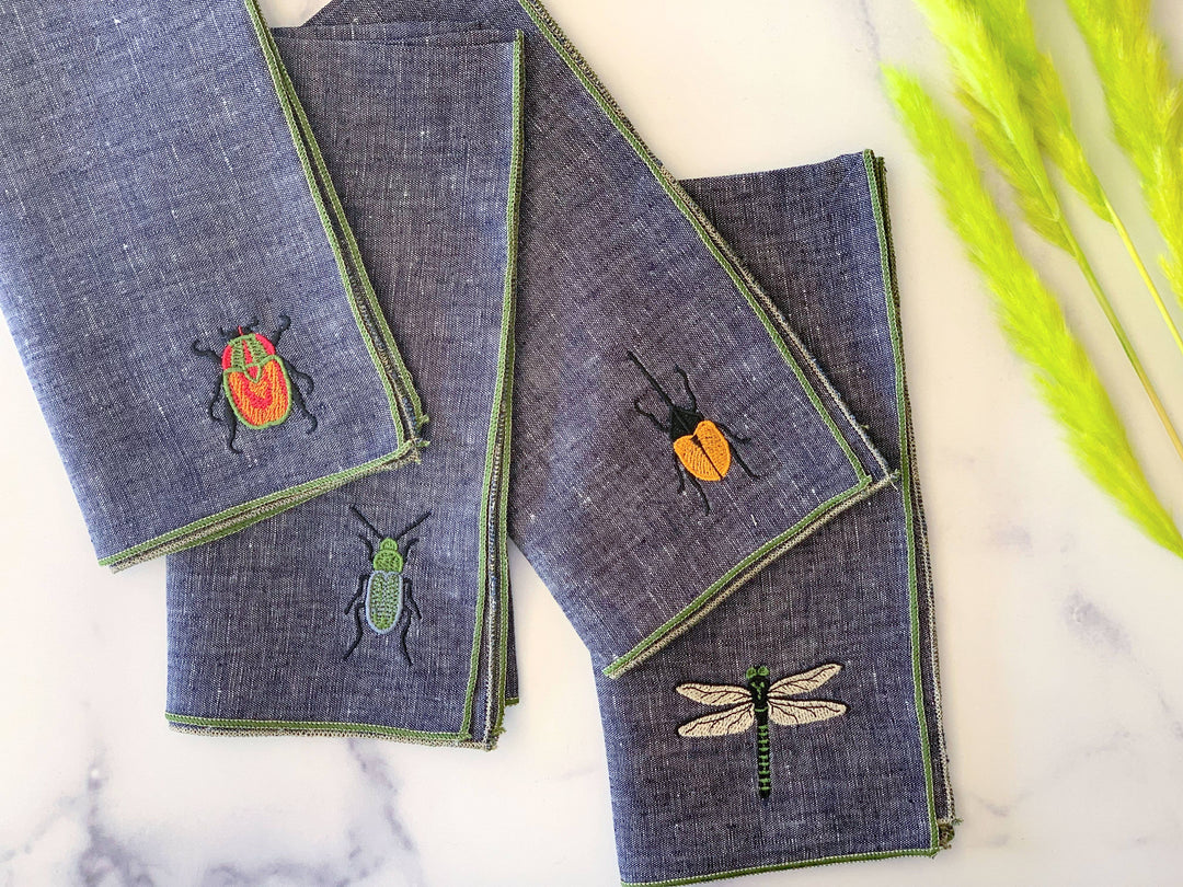 Dot and Army - Insect Embroidery Linen Chambray Cloth Napkins, set of four: 10inch cocktail