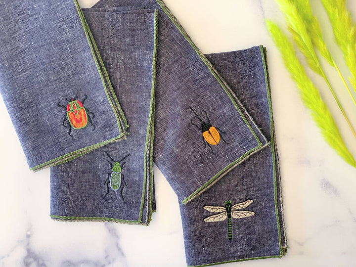 Dot and Army - Insect Embroidery Linen Chambray Cloth Napkins, set of four: 10inch cocktail