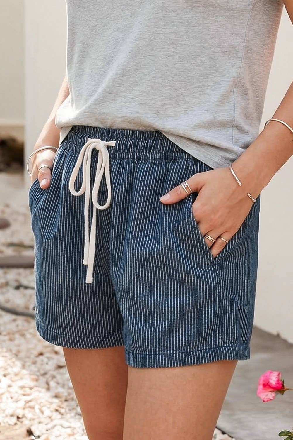 Stripe Drawstring Elastic Waist Casual Denim Shorts|S-4X: Sky Blue Stripe / M