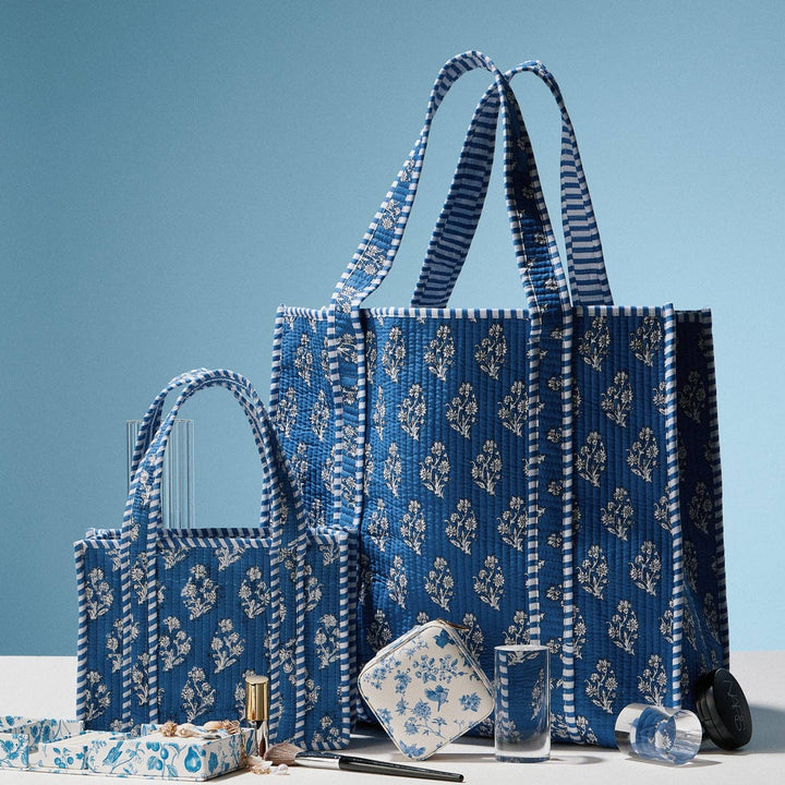 Frem - Blue Indian Quilted Tote Bag | Large Handmade Block Print Cotton Carryall: BL / ONE