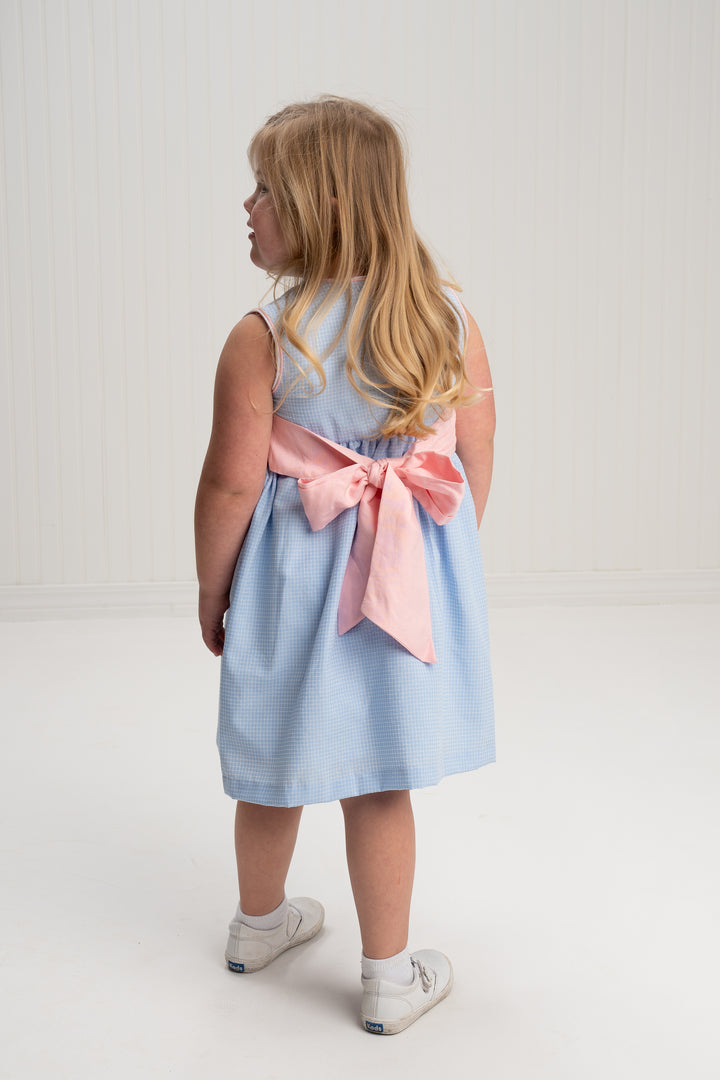 Mildred Blue Check W/ Pink Bow Dress