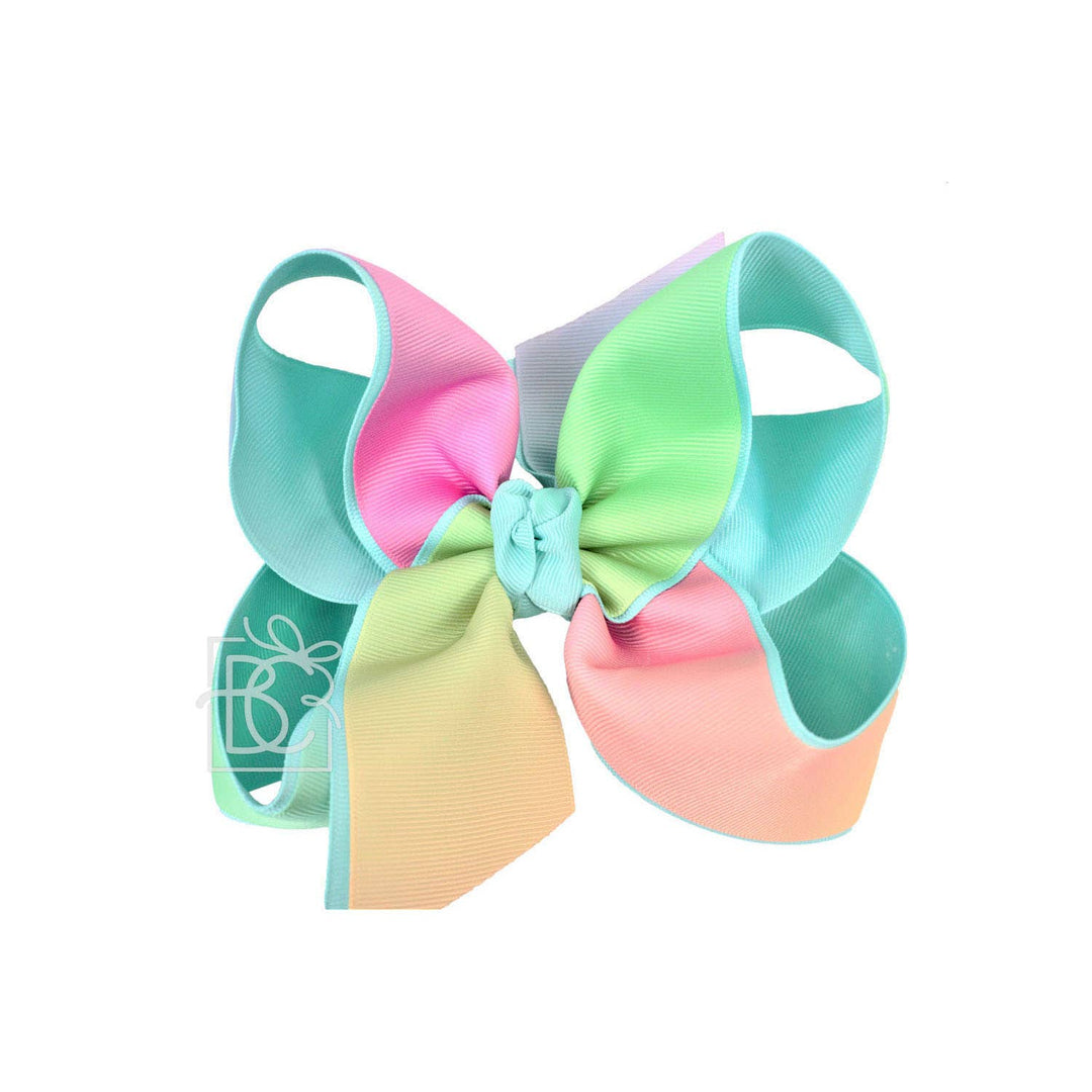 Beyond Creations, LLC - LAYERED RAINBOW BOW ON CLIP: 4" Med/Lg - 7/8" & 7/8" Ribbon on Alligator Clip / SHELL PINK/RAINBOW