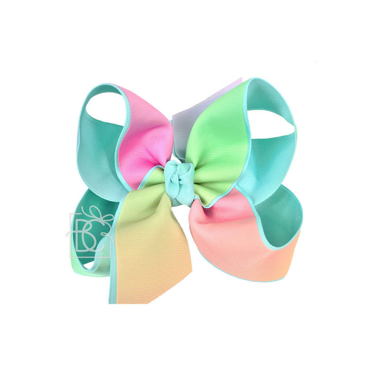 Beyond Creations, LLC - LAYERED RAINBOW BOW ON CLIP: 4" Med/Lg - 7/8" & 7/8" Ribbon on Alligator Clip / SHELL PINK/RAINBOW
