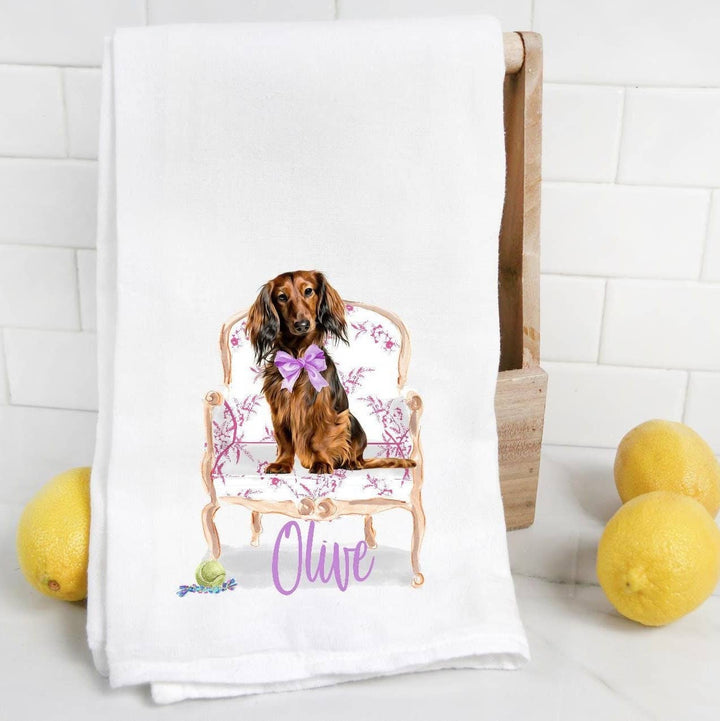 The Preppy Pineapple Home - Long Haired Dachshund Flour Sack Towel: No Accessory / Palm Chair
