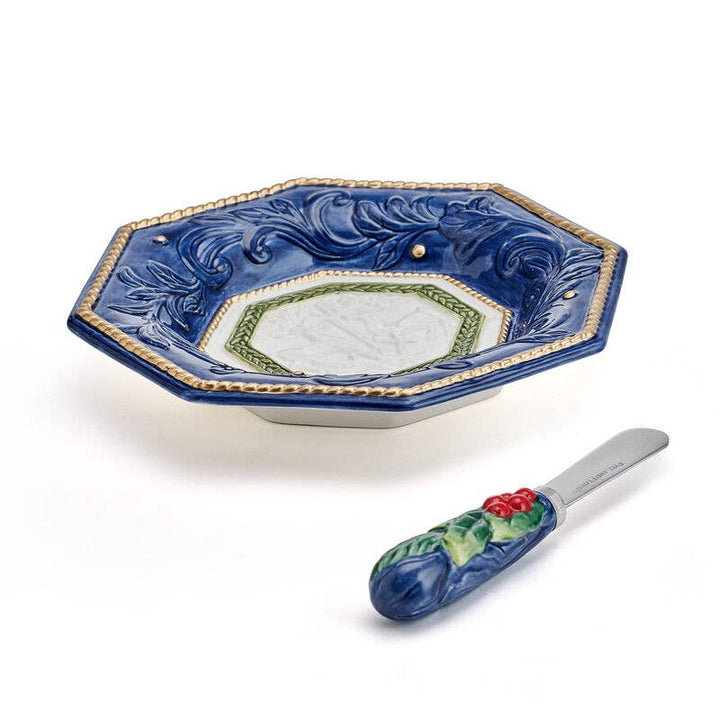 Fitz and Floyd® Mikasa® Pfaltzgraff® - Fitz & Floyd Telluride Blue Snack Plate Spread Set Gift Box: Blue / Earthenware / Christmas