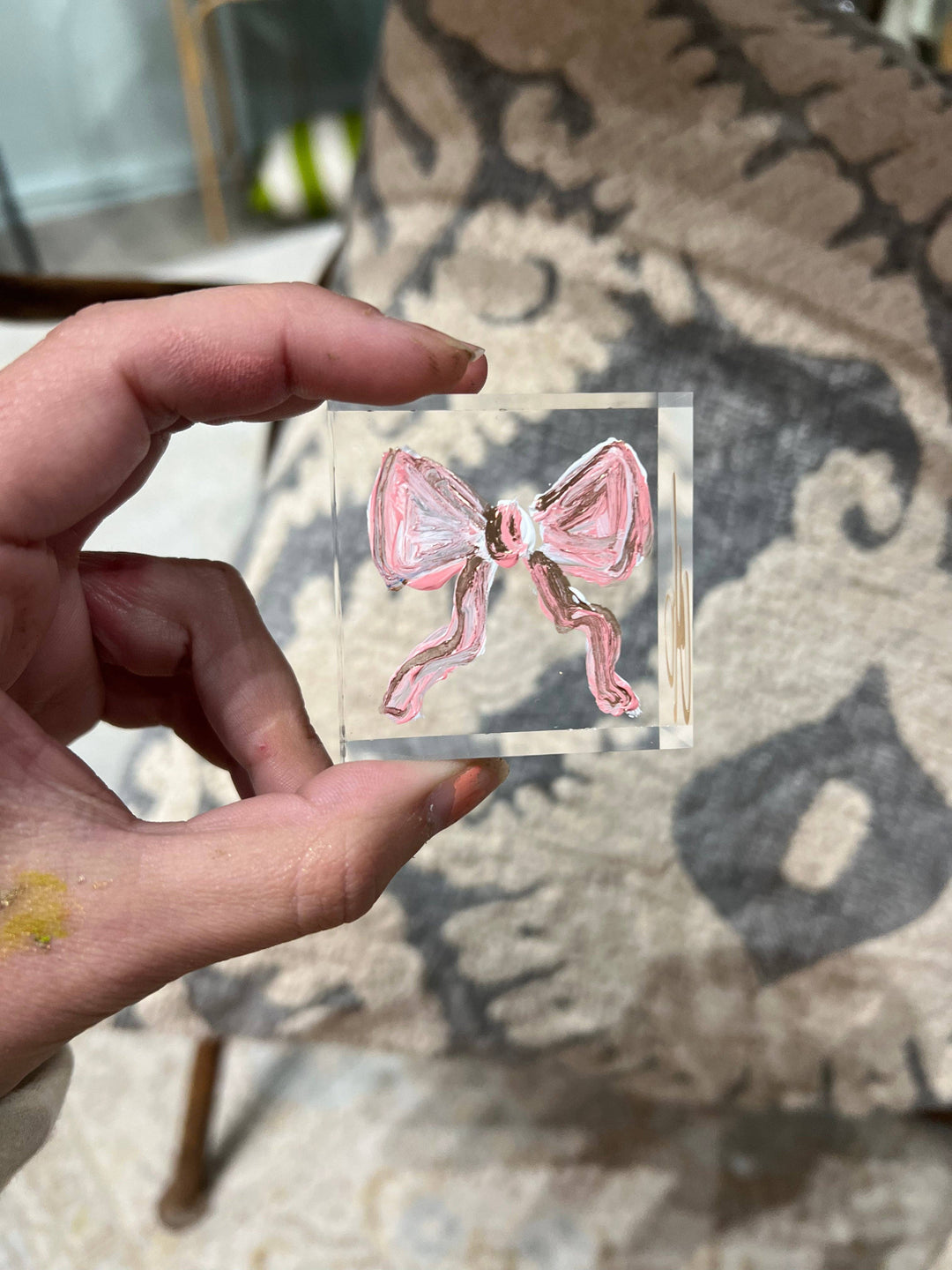 The Painted Petal - Pink Bow Lucite Block