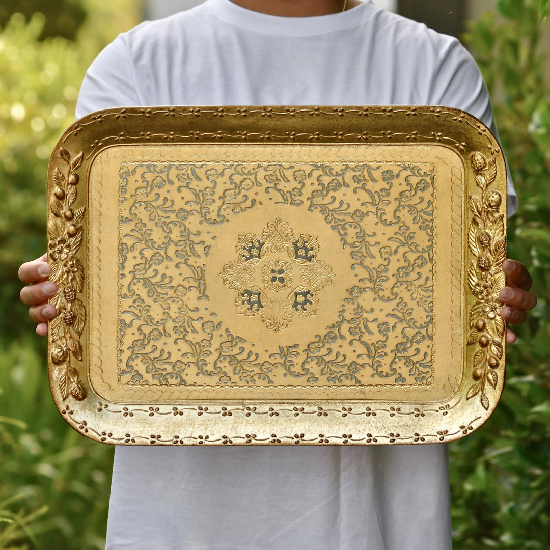 Florentine Wood Rectangle Berry and Botanical Tray, Made in Italy: Cappuccino / Large