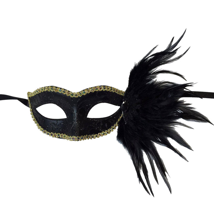 Mardi Gras Creations - Glitter Swirl Eyelet Mask With Side Feathers: Tan