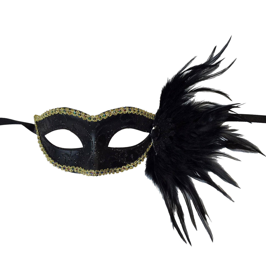 Mardi Gras Creations - Glitter Swirl Eyelet Mask With Side Feathers: Red