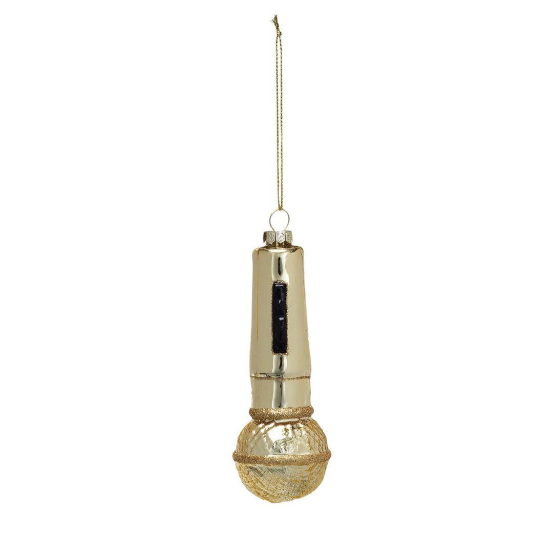 Glass Microphone Ornament w/ Glitter, Gold Finish