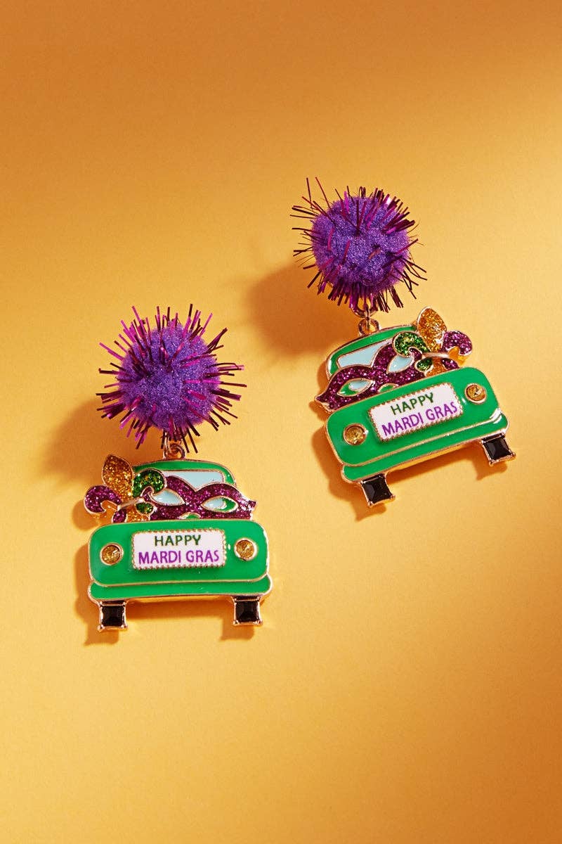 Verita Lane - Truck Mardi Gras Color Pompom Enamel Post Earrings Dangle