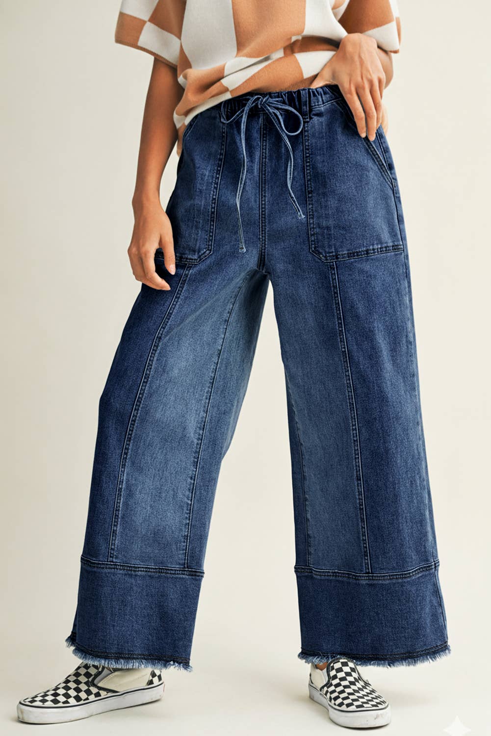 Drawstring Seam Detail Raw Hem Wide Leg Denim Pants: Beau Blue / 12