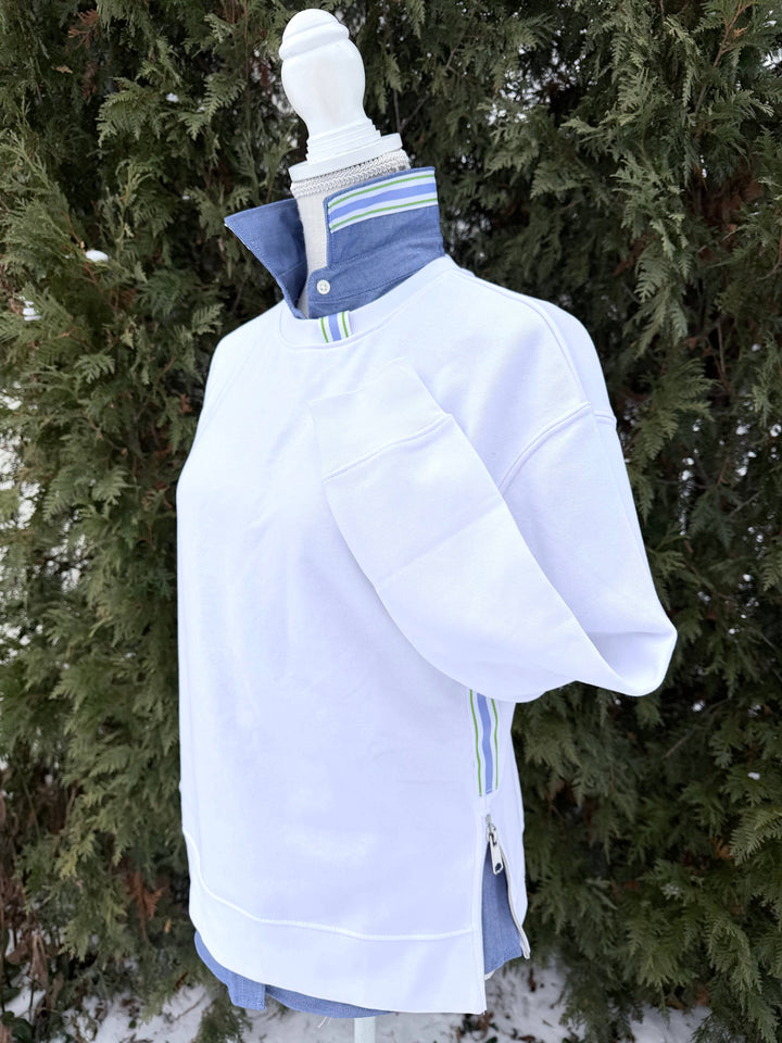 Pearly Vine - Jolene Short Sleeve Oxford - Navy w Green & Purple Stripe: Navy w Green & Purple Stripe Ribbon / S