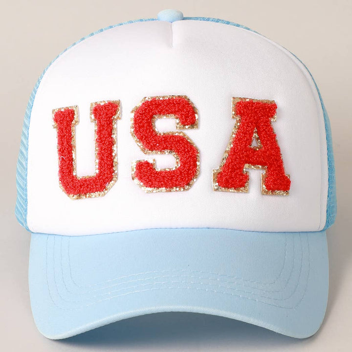 Fashion City - USA Chenille Patched Trucker Hat: LIGHT BLUE / ONE SIZE