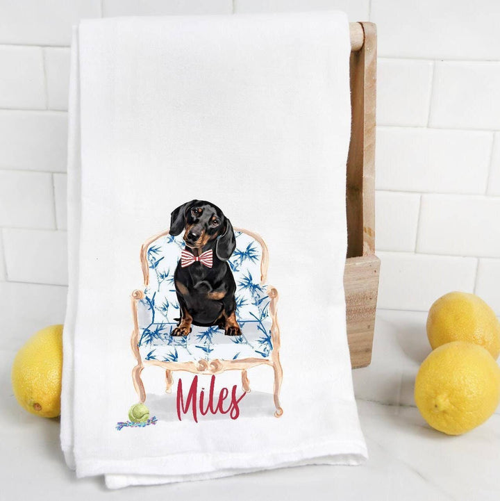 The Preppy Pineapple Home - Custom Black Dachshund Flour Sack Towel with Pet Name: No Accessory / Palm Chair