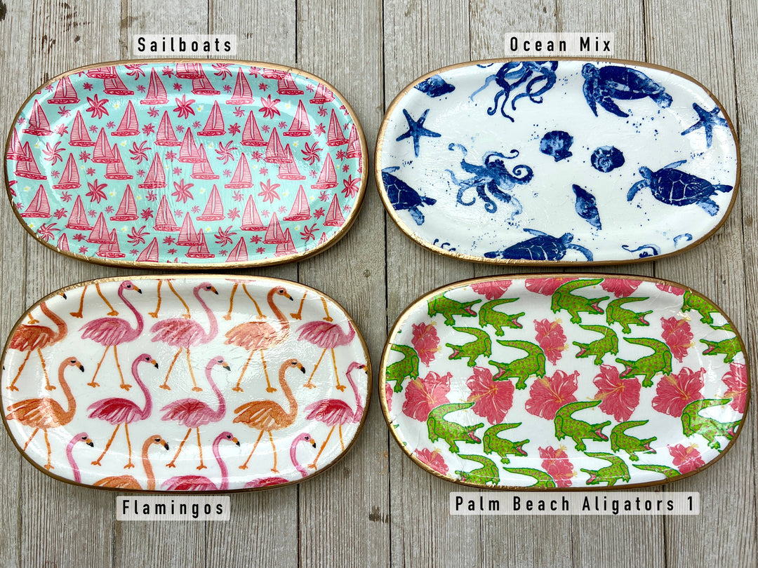 Ten Twenty Six Designs - Ceramic Jewelry tray- large: Blue Floral Leaves