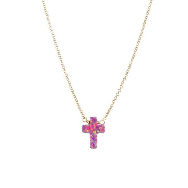 bara boheme - "CROSS" Opal Necklace - Small: Bubble gum / 14KG FILLED