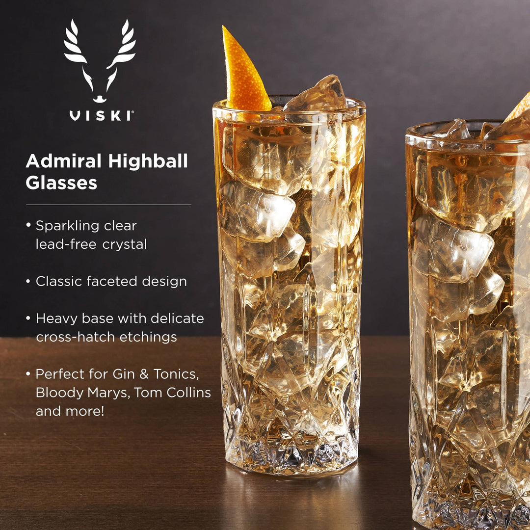 Viski - Admiral™ Vintage-Style Crystal Highball Glasses - Set of 4