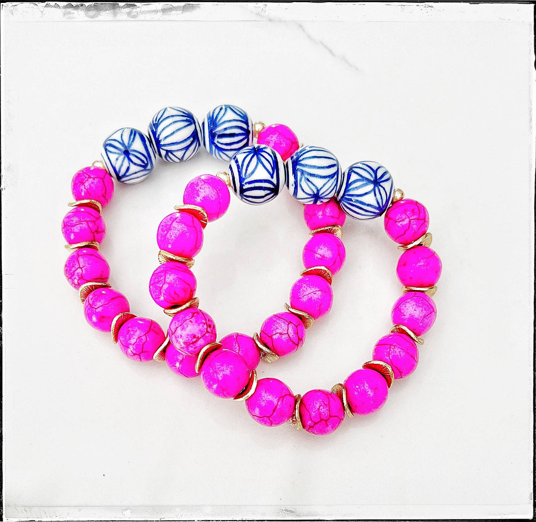 GentrybyJenna - Pink Turquoise Gemstone & Chinoiserie Bead Stretch Bracelet: 7”