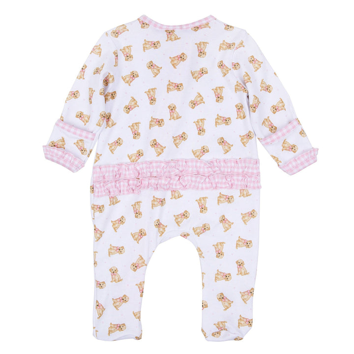 Magnolia Baby - Sweet Golden Print Ruffle Zip Footie - Pink: 9 Months