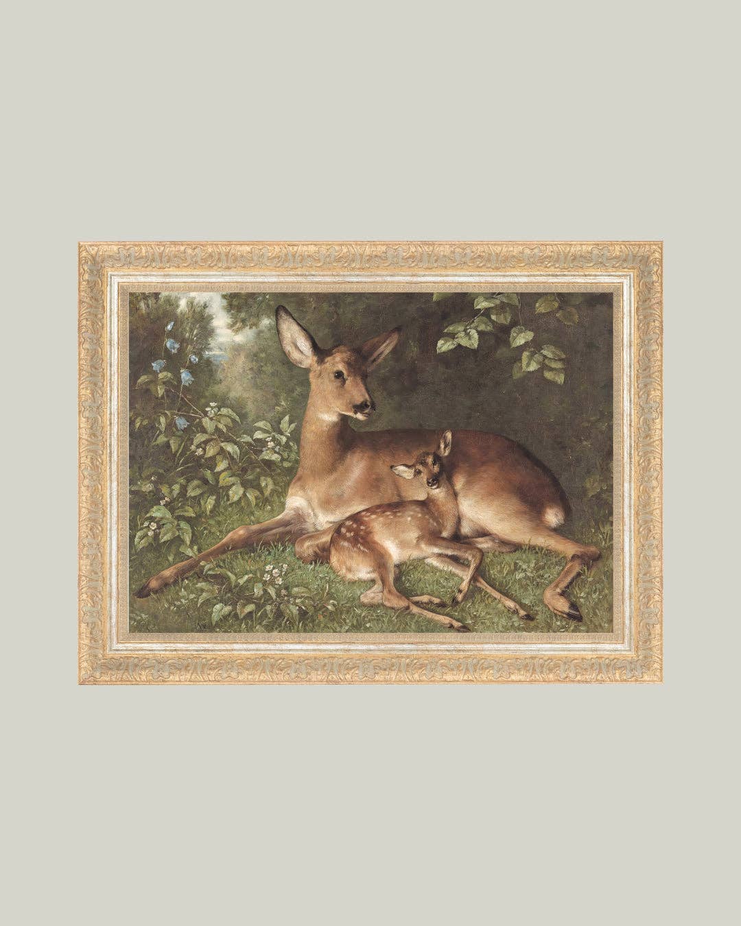 Petal Lane Home - Doe with Fawn Framed Antique Art: 12x10
