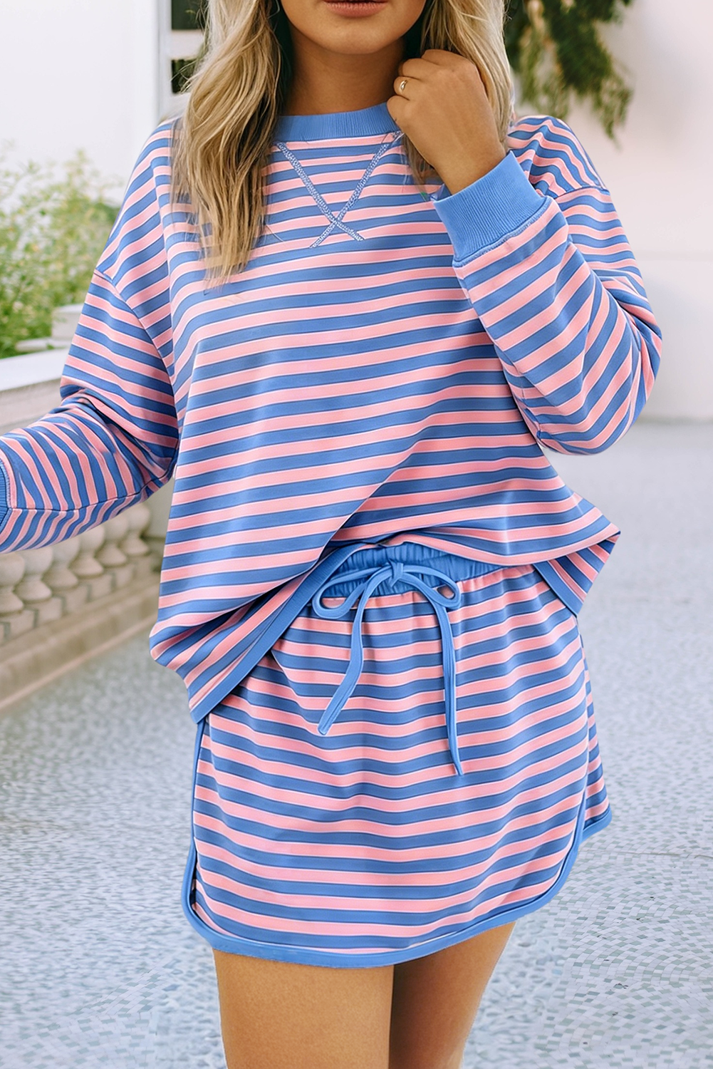 Colorblock Striped Short Sleeve Top and Skirt Set: Blue Stripe / M