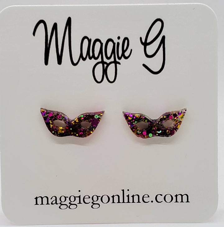 Maggie G - Mardi Gras Mask Stud  Earrings Glitter Earrings Fat Tuesday
