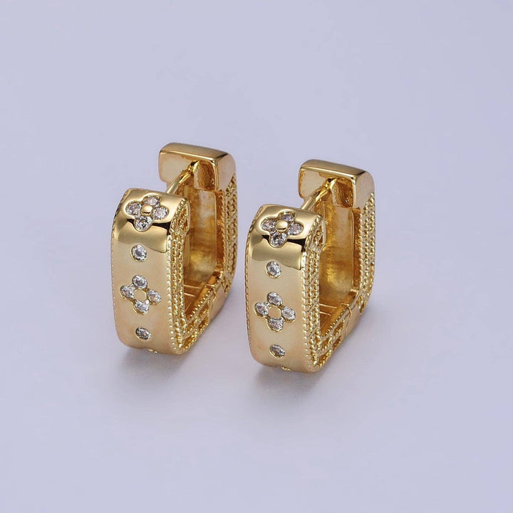 Aim Eternal - 24K Gold Filled Clear Quatrefoil CZ Square Huggies Earrings | AB196