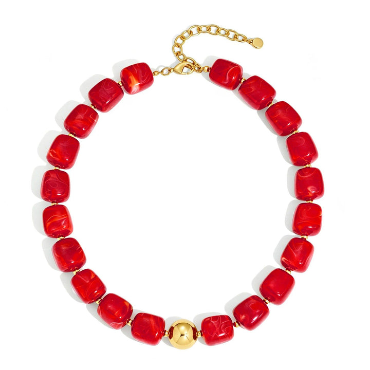 MKS America - Women  Square Resin Bead Necklace With Gold Ball Detail: Rose_Red / M