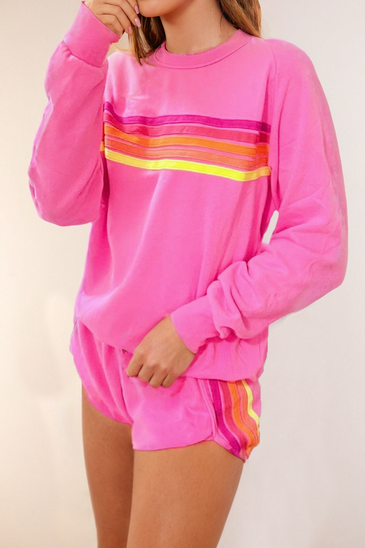 LA Society - Color Contrast Trim Long Sleeve and Shorts Set: Beige XL