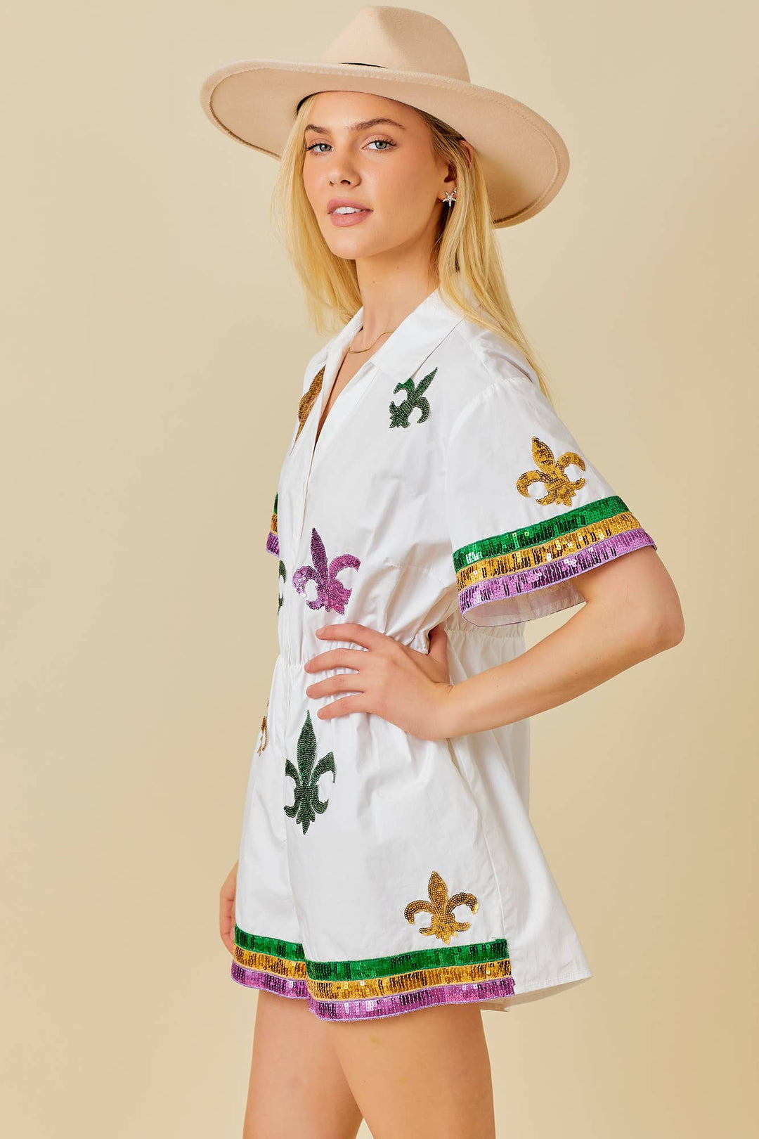 Main Strip - Mardi Gras Sequin Trim Solid Romper: WHITE / L