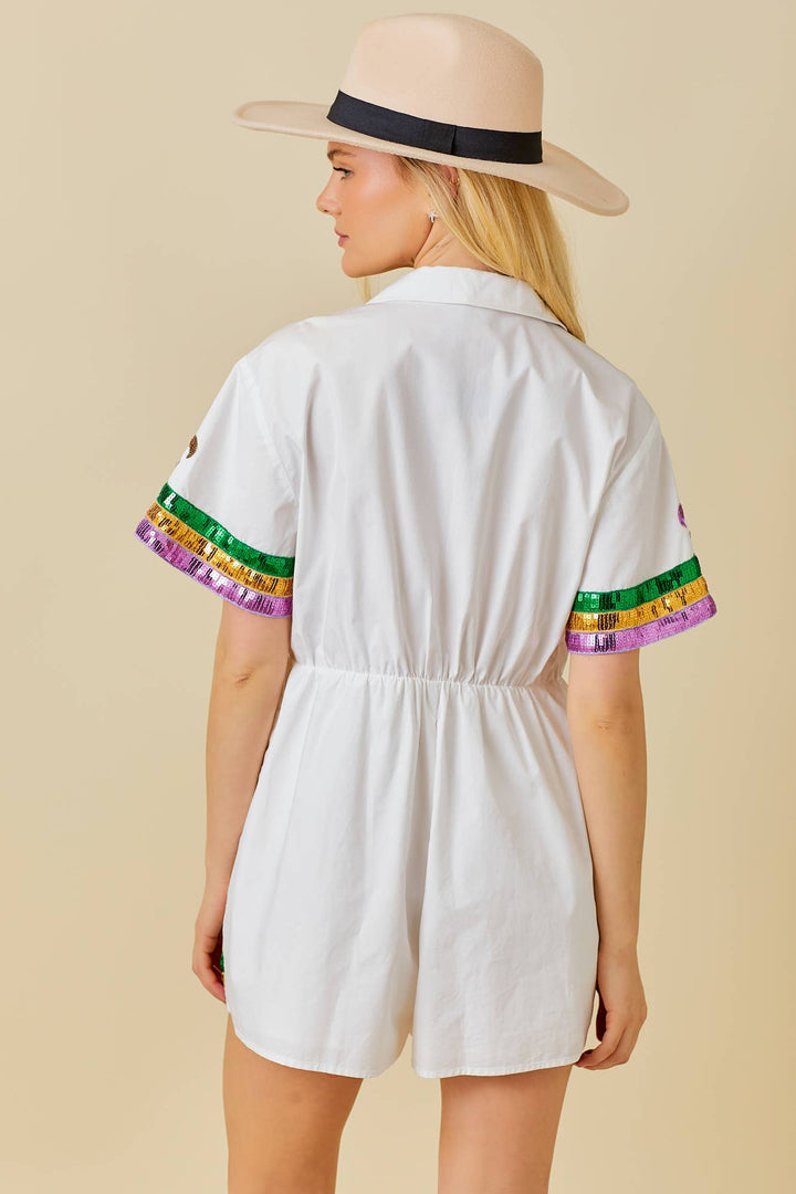 Main Strip - Mardi Gras Sequin Trim Solid Romper: WHITE / M