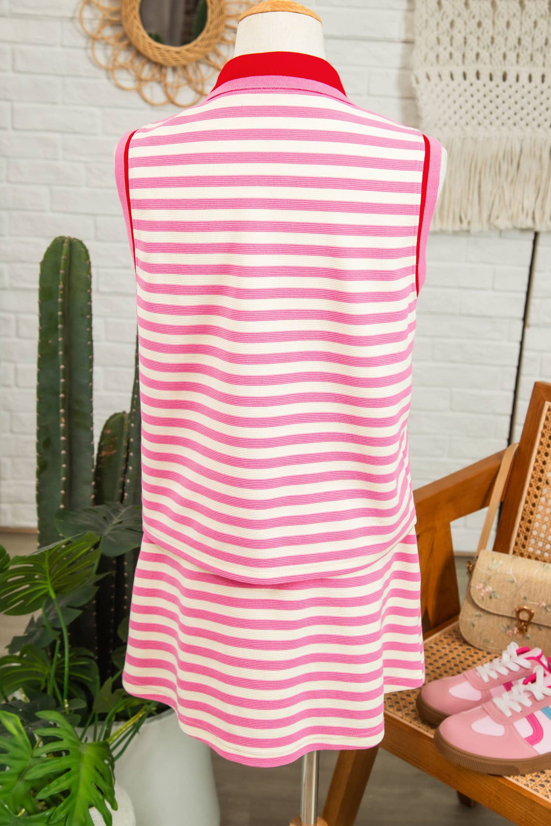 Striped Sleeveless Polo Two-Piece Set Casual Outfit: Sachet Pink / L