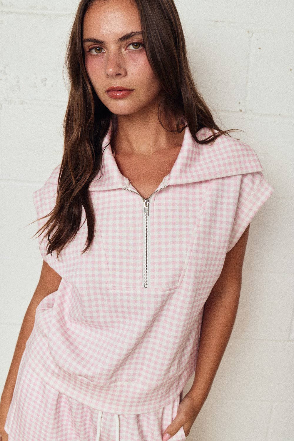 Papermoon - PX17846-3 - Gingham Zip Up Top Short Set: PINK / S-M-L (3-2-1)