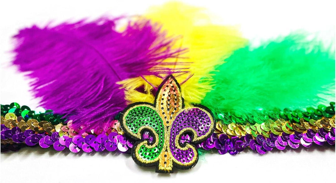 The Mardi Gras Krewe - Mardi Gras Sequin Headband with Feathers, Mardi Gras Accessories, Green Purple and Yellow Feather Headband with Fleur-de-lis