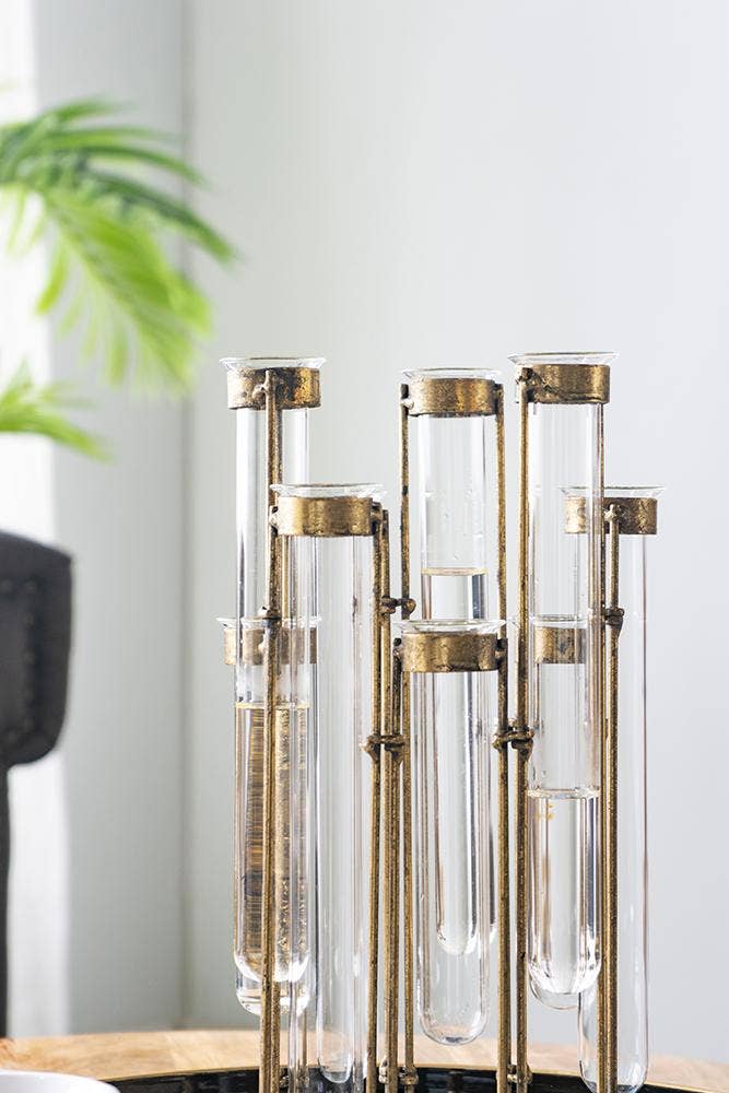 A&B Home Group Inc. - 17.5x2x14" Glass Vial Flower Vase with Bronze Iron Frame