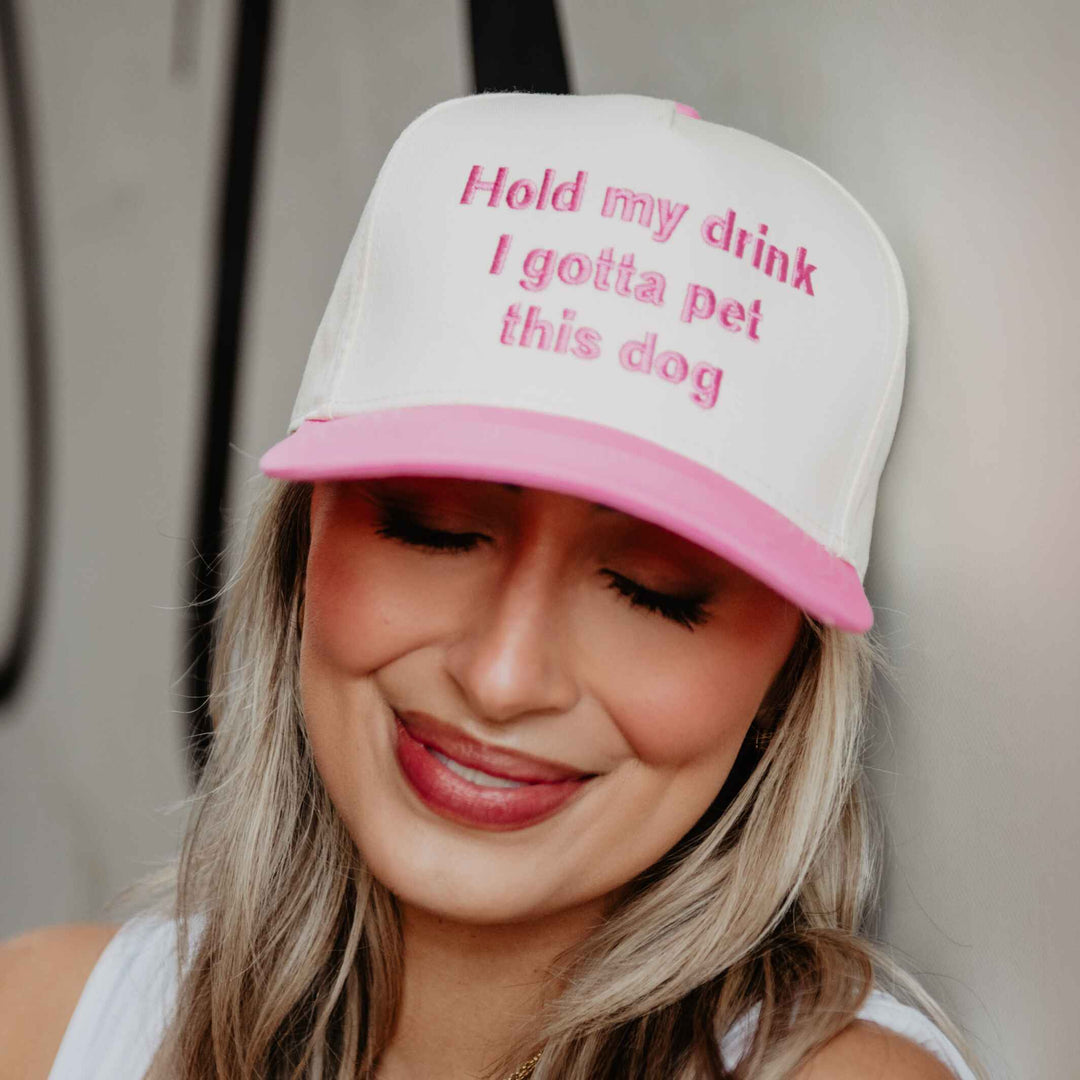 Katydid - Hold My Drink I Gotta Pet This Dog Easter Vintage Hat: Pink and Tan