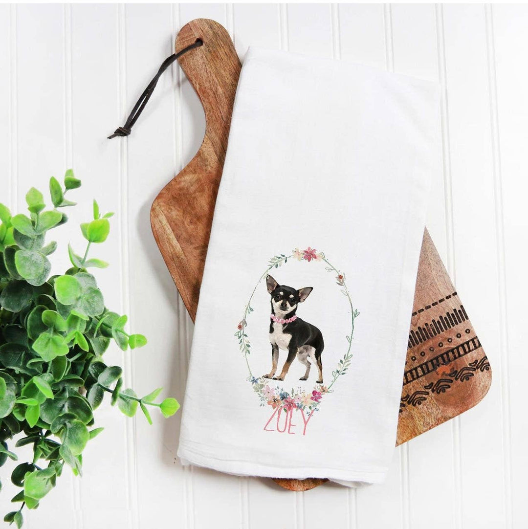 The Preppy Pineapple Home - Custom Black Chihuahua  Flour Sack Towel, Dog Mom, Dog Dad, Personalized Name, Pet Name Gift, Watercolor Pet Portrait, Floral Crown: No Accessory / Wingback Chair