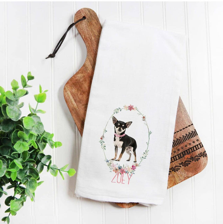 The Preppy Pineapple Home - Custom Black Chihuahua  Flour Sack Towel, Dog Mom, Dog Dad, Personalized Name, Pet Name Gift, Watercolor Pet Portrait, Floral Crown: No Accessory / Wingback Chair