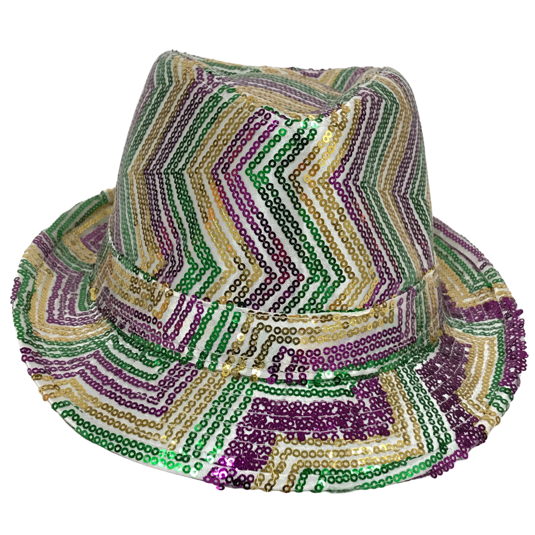Plush Appeal LLC - Purple, Green and Gold Sequins Zig Zag Stripes on White Fedora (Each)