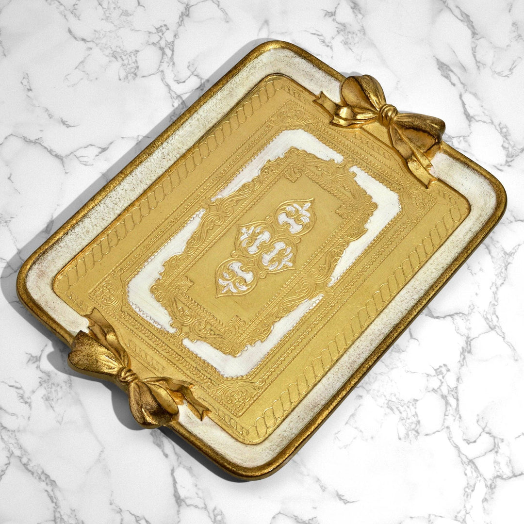 Florentine Carved Rectangle Bow Tray, Made in Italy: White