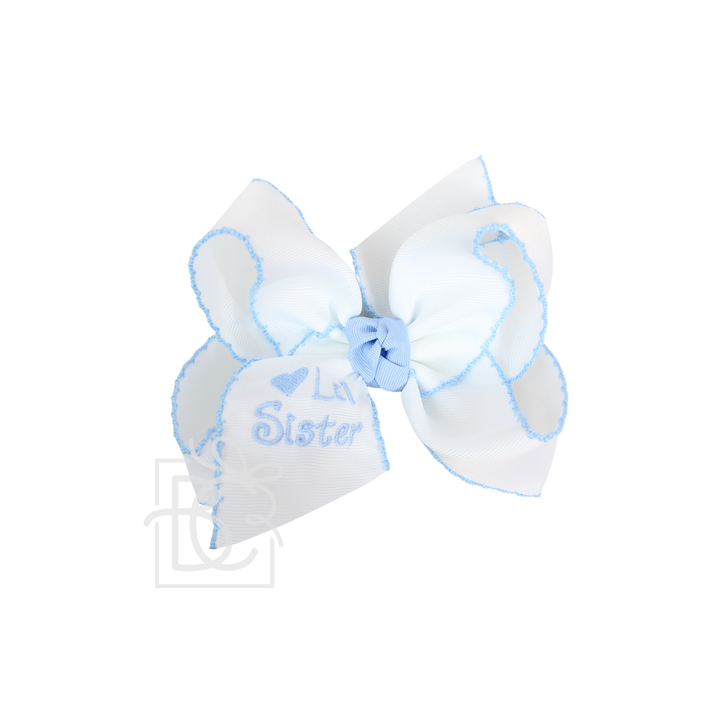 Beyond Creations, LLC - Embroidered Big Sister & Lil Sister Crochet Edge Bow: White w/ Millennium Blue Crochet Edge / 4.5" Large / Lil Sister