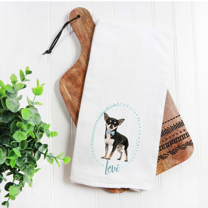 The Preppy Pineapple Home - Custom Black Chihuahua  Flour Sack Towel, Dog Mom, Dog Dad, Personalized Name, Pet Name Gift, Watercolor Pet Portrait, Floral Crown: No Accessory / Wingback Chair