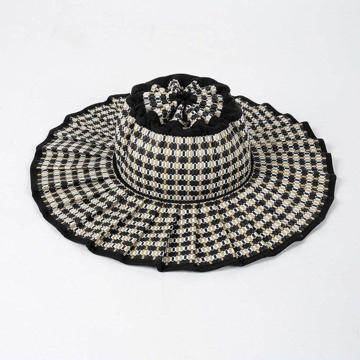 MKS America - Boho Checkered Straw Hat Foldable Beach Sun Hat: TGrass / M