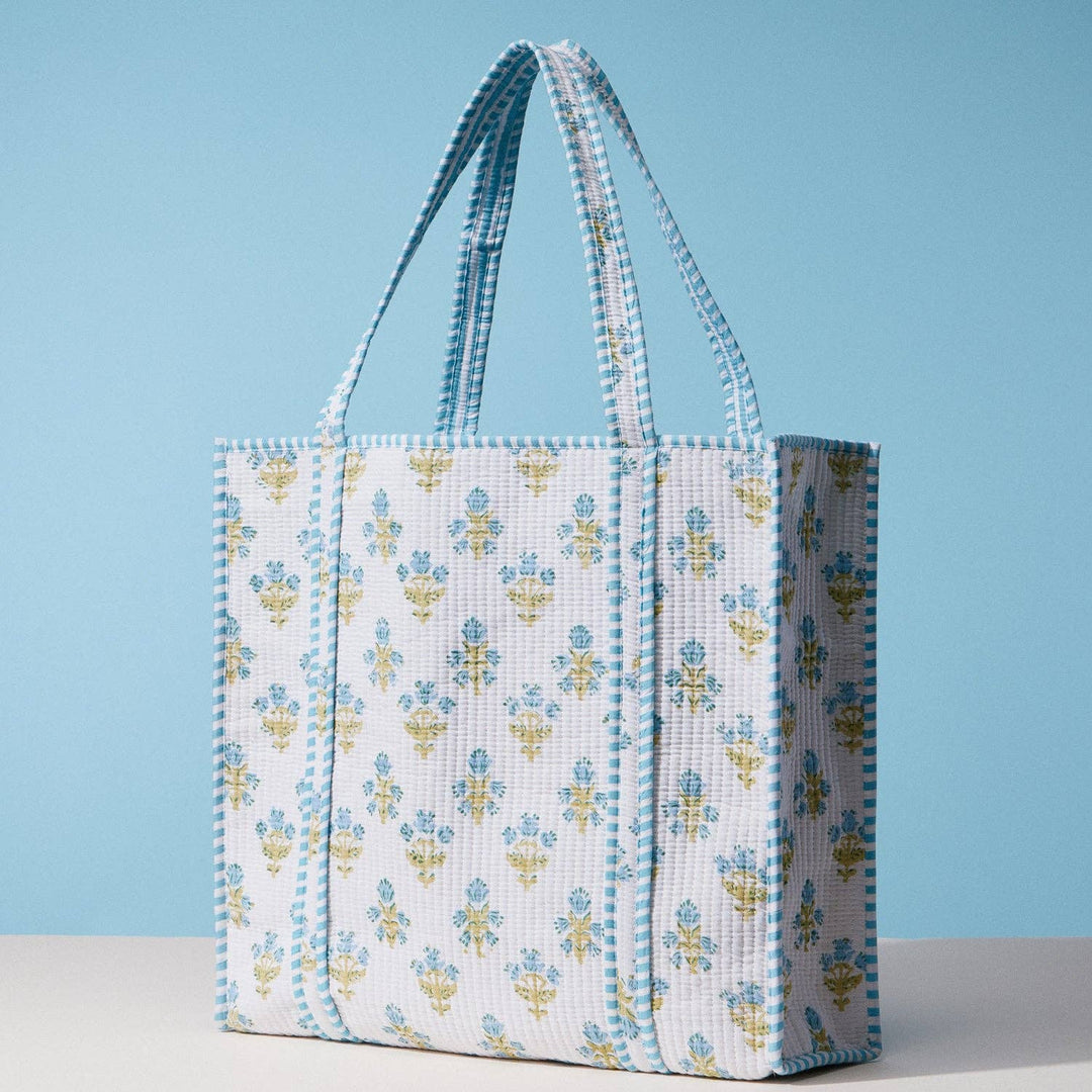 Frem - Blue and White Indian Quilted Tote Bag | Large Handmade Block Print Cotton Bag: MT / ONE