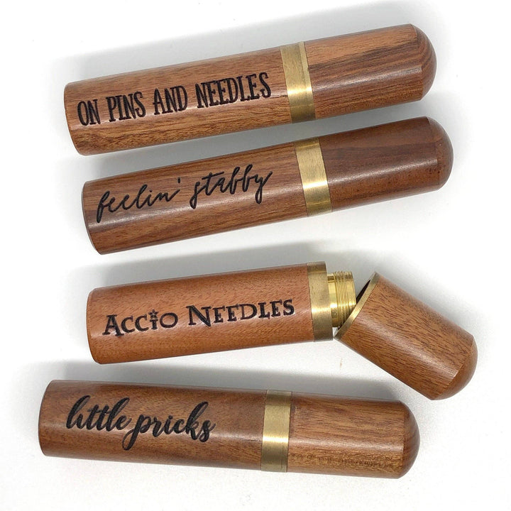 Snarky Crafter Designs - Little Pricks Engraved Needle Case: Snarky Embroidery Cross Stitch Quilting Custom Solid Wood Brass Screw Top Needle Storage Tube Container: On Pins & Needles