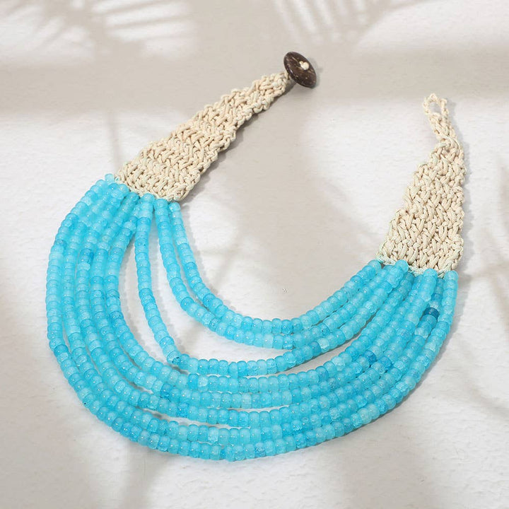 Sensibling Corp. - Woven Detail Multi Strand Beaded Collar Statement Necklace: Light Blue