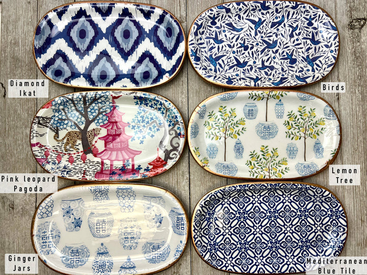 Ten Twenty Six Designs - Ceramic Jewelry tray- large: Blue Floral Leaves