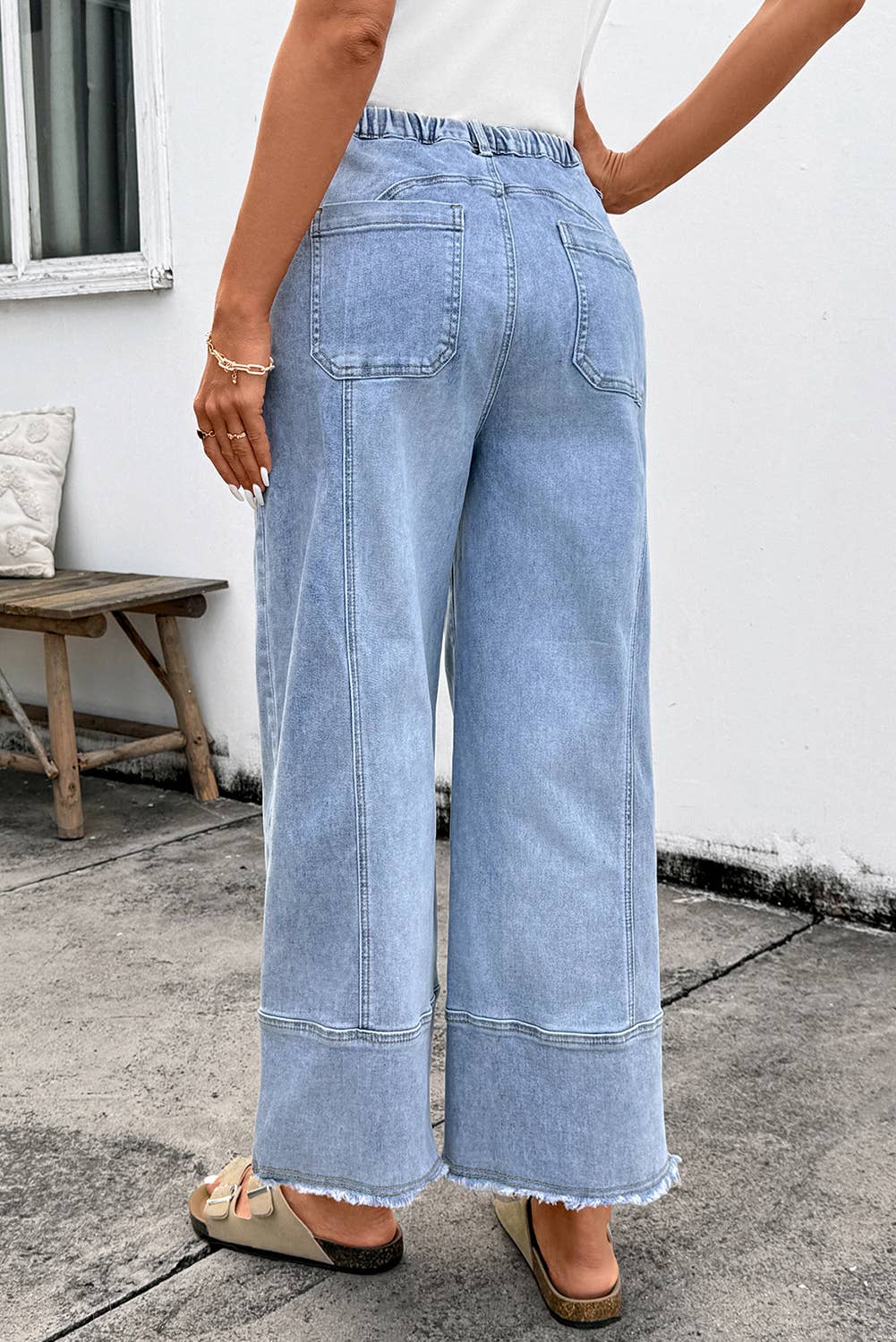Aapparella - Seam Detail Raw Hem Wide Leg Drawstring Jeans | 4-16: Beau Blue / 12